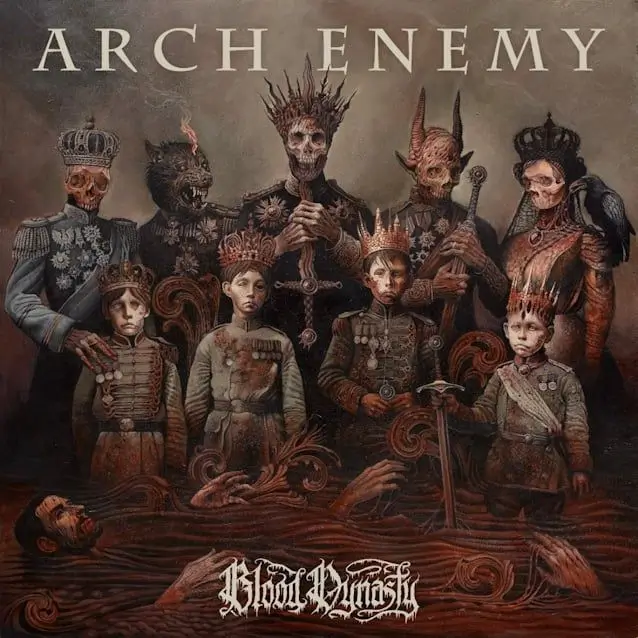 Arch Enemy Blood Dynasty album cover showing a surreal, gothic royal court made of skeletal and demonic figures