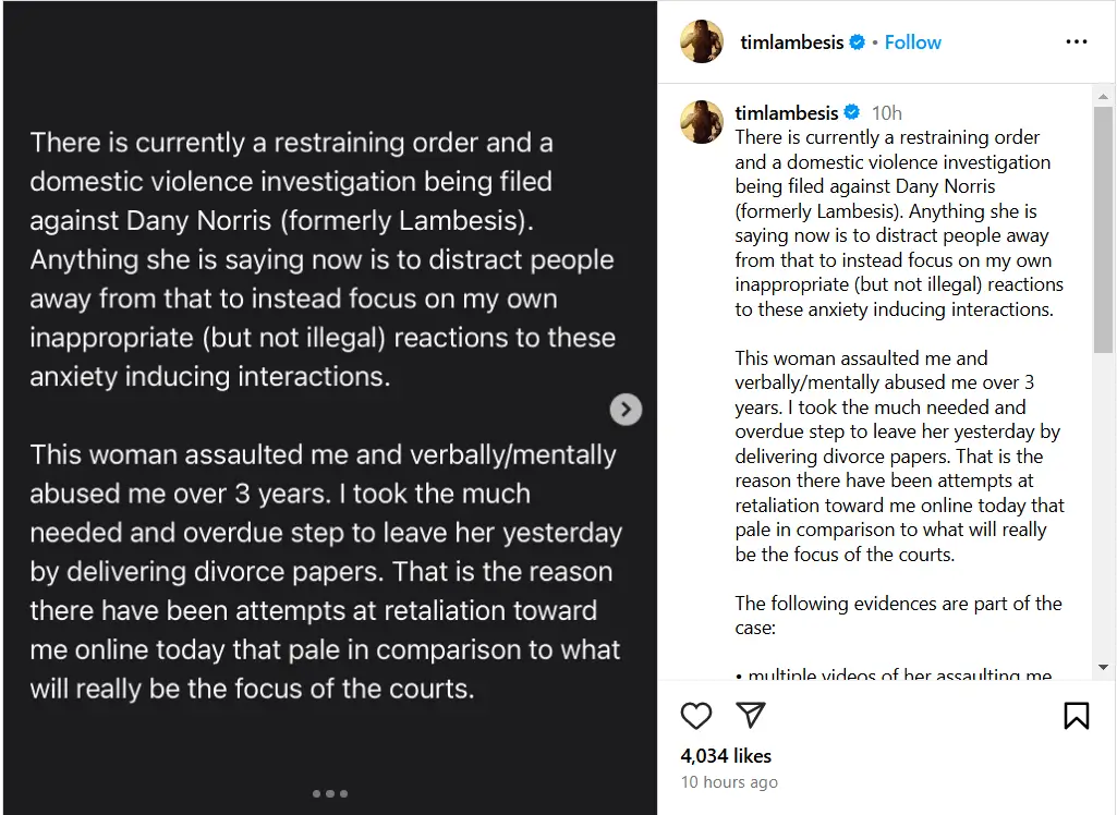 Tim Lambesis issues public statement regarding restraining order and domestic abuse investigation involving Dany Norris