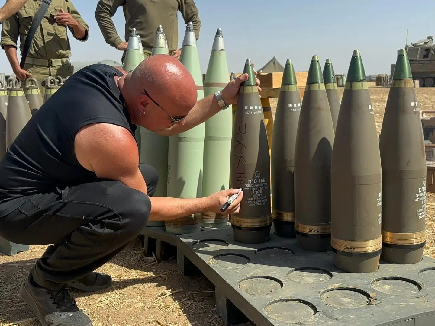 Draiman visited Israel and signed an IDF artillery shell with the words ‘F–k Hamas.’ | Photo by Draiman via Instagram