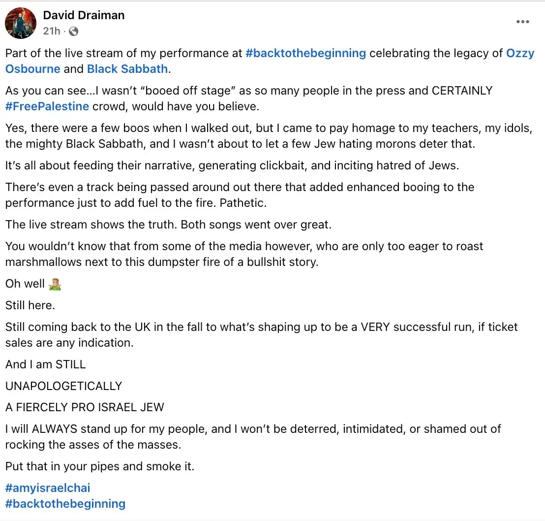 DAVID DRAIMAN Responds To Boos At BLACK SABBATH Show