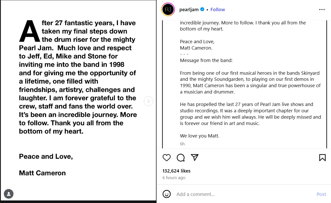 Statement From Pearl Jam on instagram