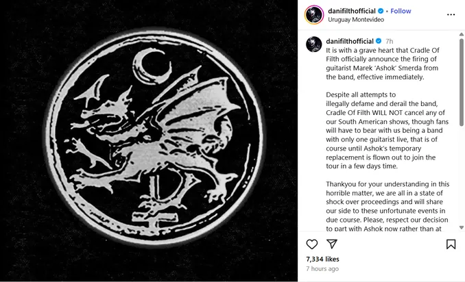 Dani Filth shared a statement on the band’s socials announcing the decision